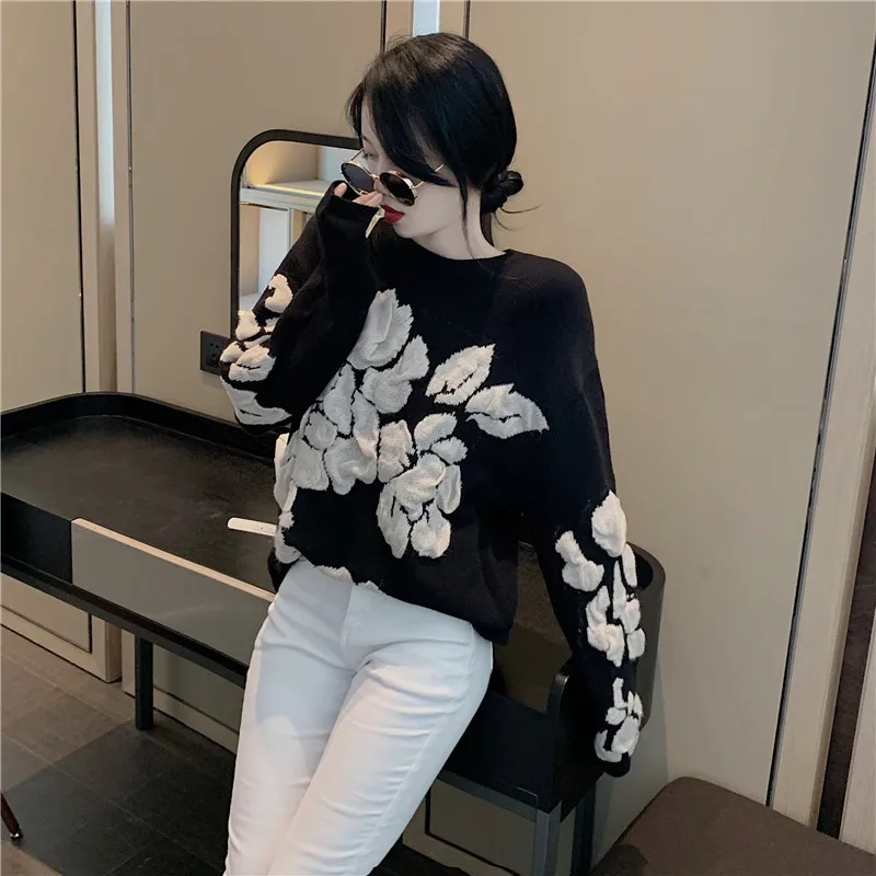 2020 Autumn Winter Floral Print Sweater Women Knitted Pullover Femme Sweaters High Quality Knitted  black Sweater Jumper