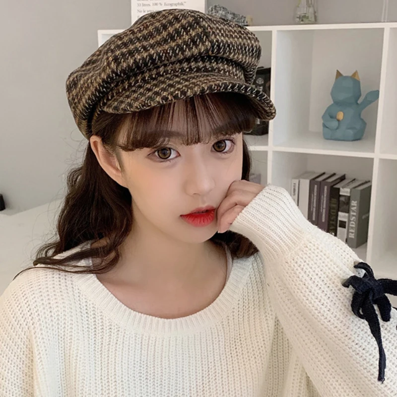 Fashion Lady Berets Vintage Plaid Artist Painter Hat Women Octagonal Newsboy Cap Retro Autumn Winter Wool Caps Female Beret Hats