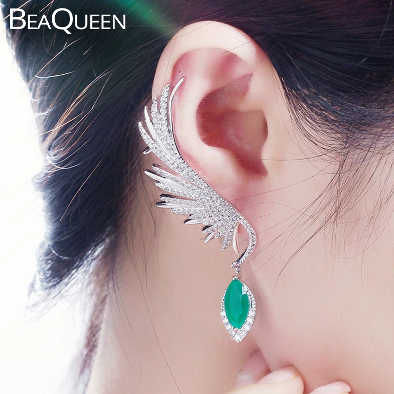 beaqueen-forma-de-pena-grande-verde-marquise-pedra-gota-longa-asa-de-anjo-orelha-cuff-brincos-zirconia-cubica-joias-de-festa-e341
