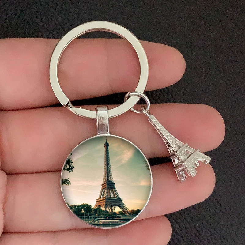 Romantic Paris Eiffel Tower Key Chains Art Lady Wander Drawing Design Glass Pendant Cute Keychain Keyring Women Bag Jewelry