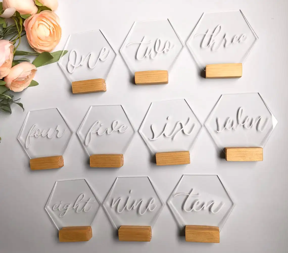 Wedding Acrylic Hexagon Script Table Numbers Wooden Stand Natural Classic Event Decor Centerpiece Place Card