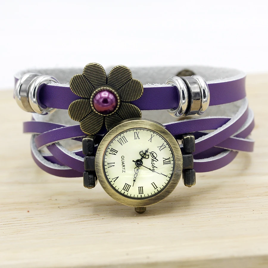 Shsby-relojes de correa de cuero Vintage para mujer, pulsera de perlas, sol, flor, reloj de vestir para mujer, reloj de pulsera marrón, nuevo