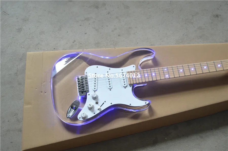 New customized crystal acrylic acrylic acrylic electric guitar maple xylophone neck with led blue light