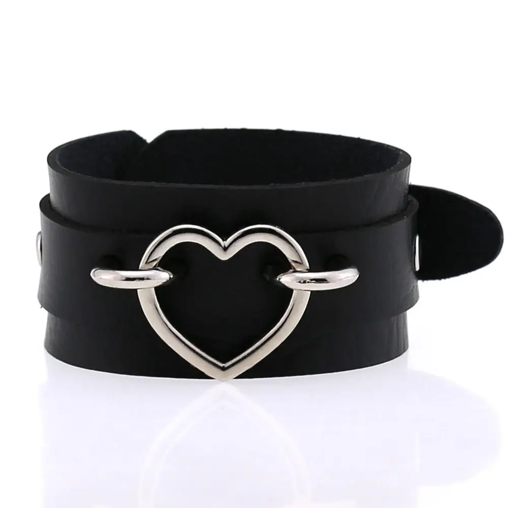 2023 Silver Color Heart Wide Cuff Leather Bracelets Punk Gothic Rock Unisex Bangles Bracelet Wristband for Women Men's Jewelry