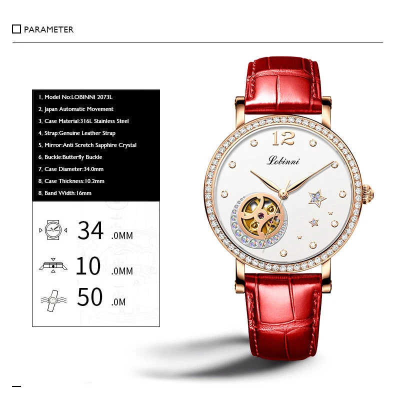 LOBINNI Luxury Women Watches,Lady Automatic Watch Switzerland Self Wind Mechanical Wristwatch Clock Waterproof Sapphire Skeleton