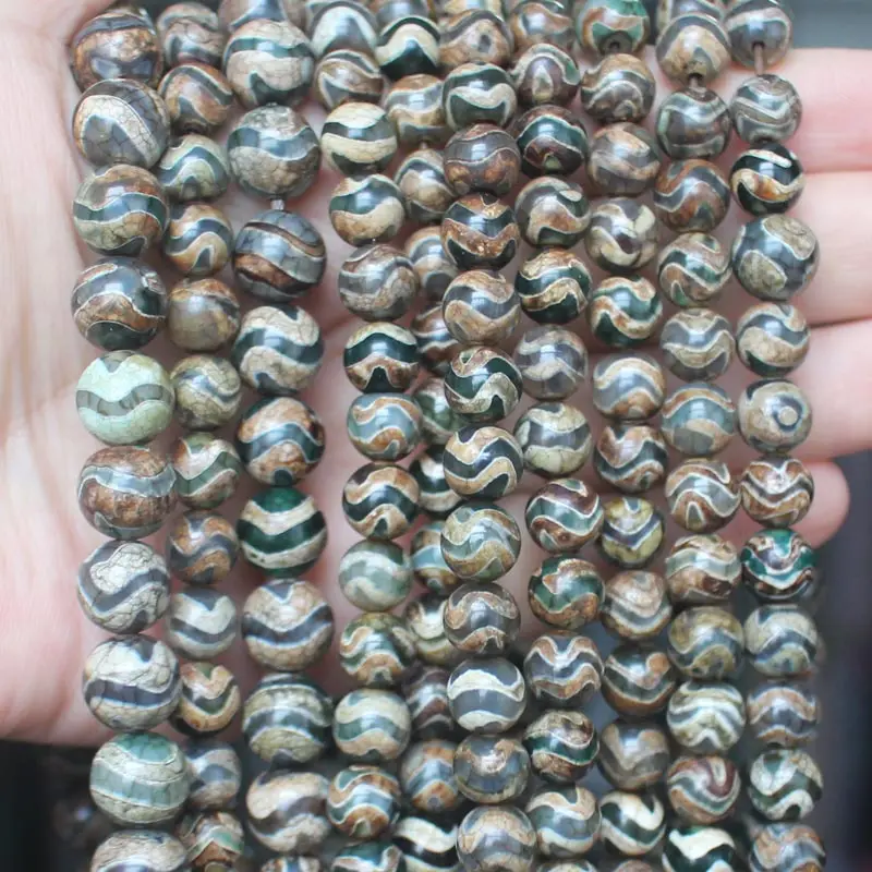 Green Wave line Tibet Ancient Dzi Agates 8/10mm Round Beads , DIY Jewelry Making !