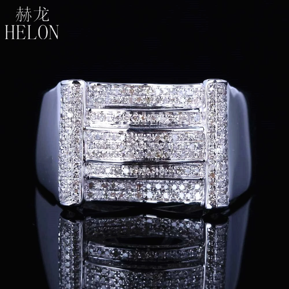 

HELON Pave 0.7ct Genuine Natural Diamonds Men Ring Sterling Silver 925 Engagement Wedding Fashion Band Pinky Ring Diamond Ring