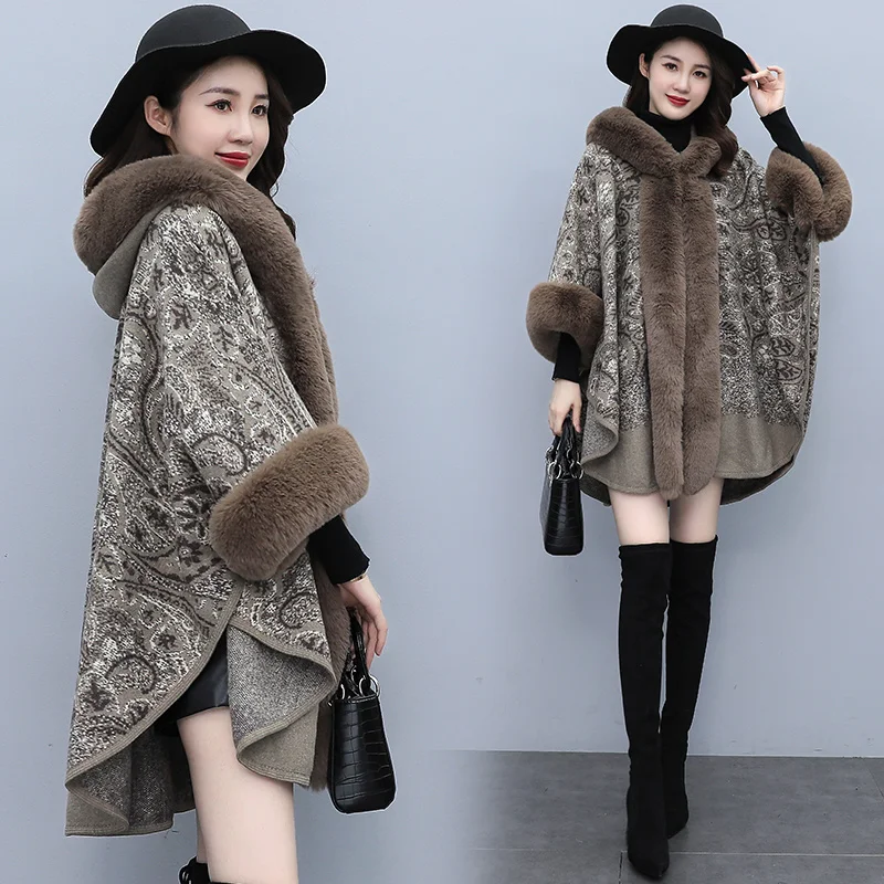 Autumn Winter Faux Fur Woolen Cloth Shawl Cape Poncho Thickened Women Mid-length Korean Cashmere Hooded Ladies Cape Coats