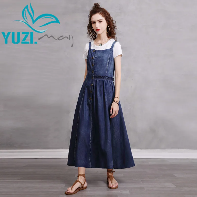 

Summer Wiomen's Dress 2021 Yuzi.may Boho New Denim Woman Dresses Single Breasted Pleated Suspender Vestidos A82316 Vestido