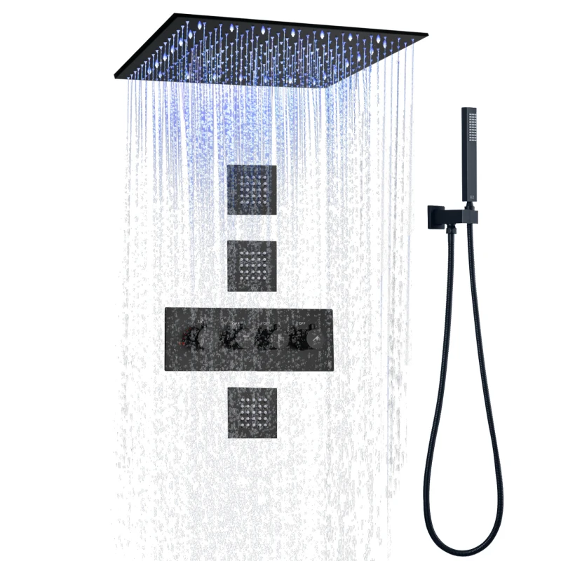 

Matte Black Thermostatic Shower Faucets Set 20 Inch LED Bathroom Ceiling Shower Rainfall With Hand-Held Nozzle