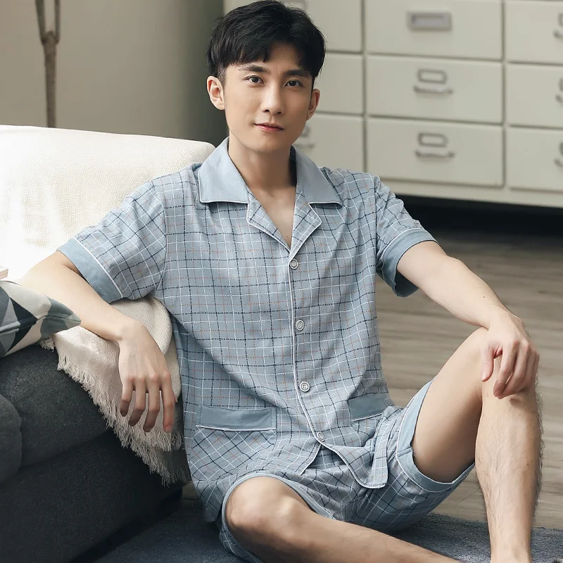 Summer Blue Plaid Pajama for Men Short Sleeves + Short Pant Sleepwear Cotton Pijama Hombre Home Clothes PJ Shorts Pyjama Homme