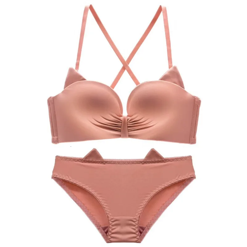 Fashion Brand Bra Set Sexy Cat Ear Underwear Wire Free Push Up Bra Set Women Seamless Lingerie Lovely Bow Girl 4 Colors Bras