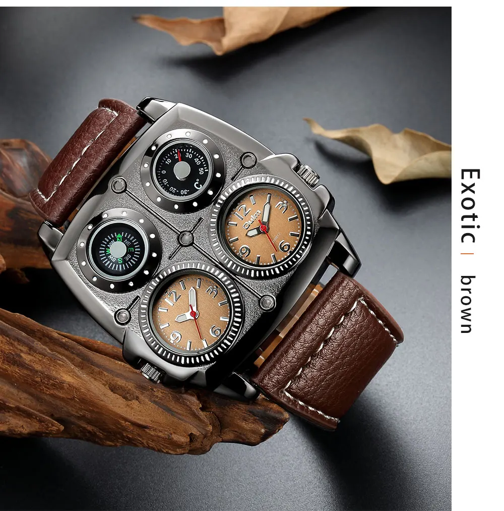 Oulm Men's Watches Two Time Zone Army Pilot Style Watch Big Size Military Quartz Clock Male Leather Strap Wristwatch