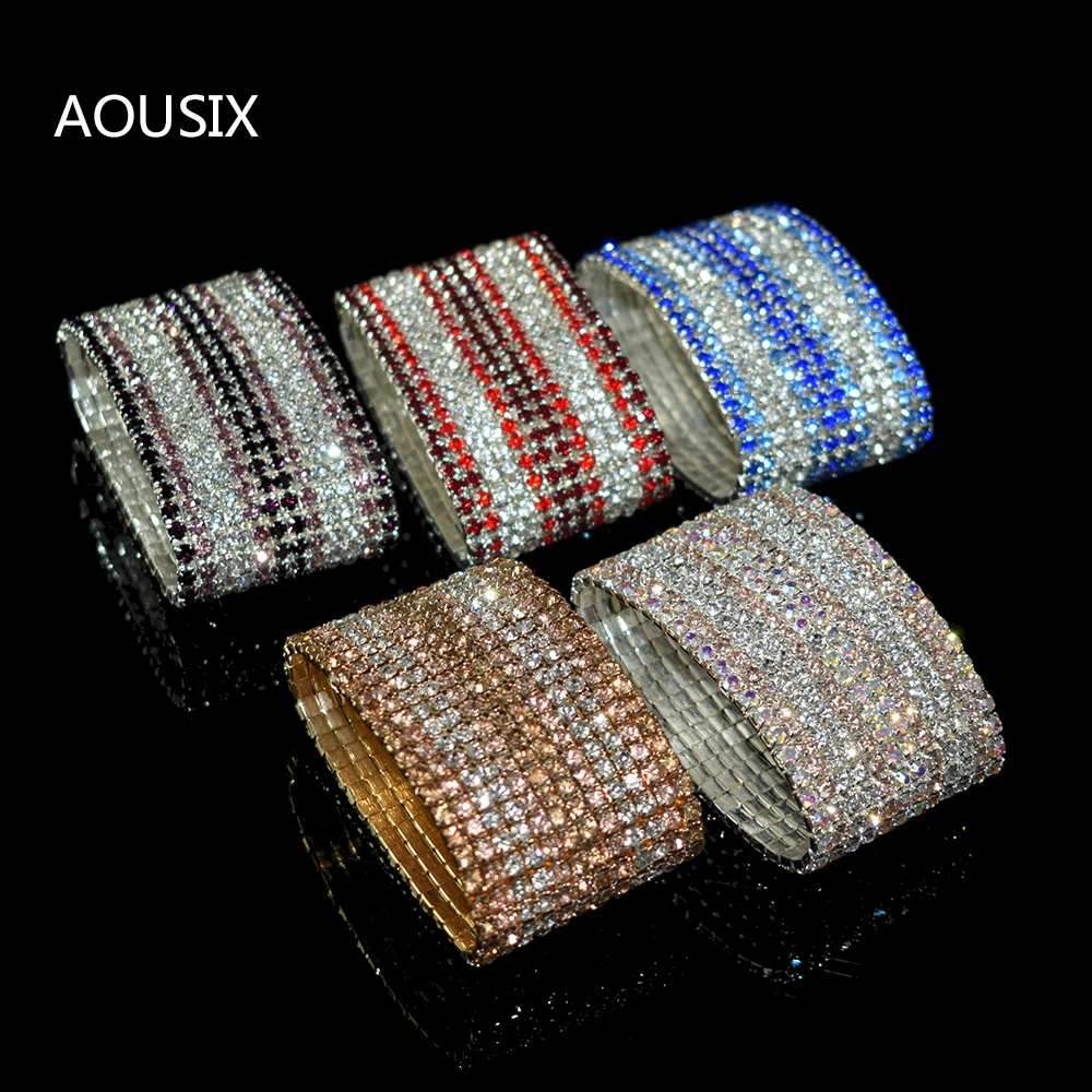 6/12 Row Luxury Crystal Bridal Bracelet Multicolor Stretch Ladies Wide Bangle Silver Plated Crystal Bracelet Bracelet Jewelry