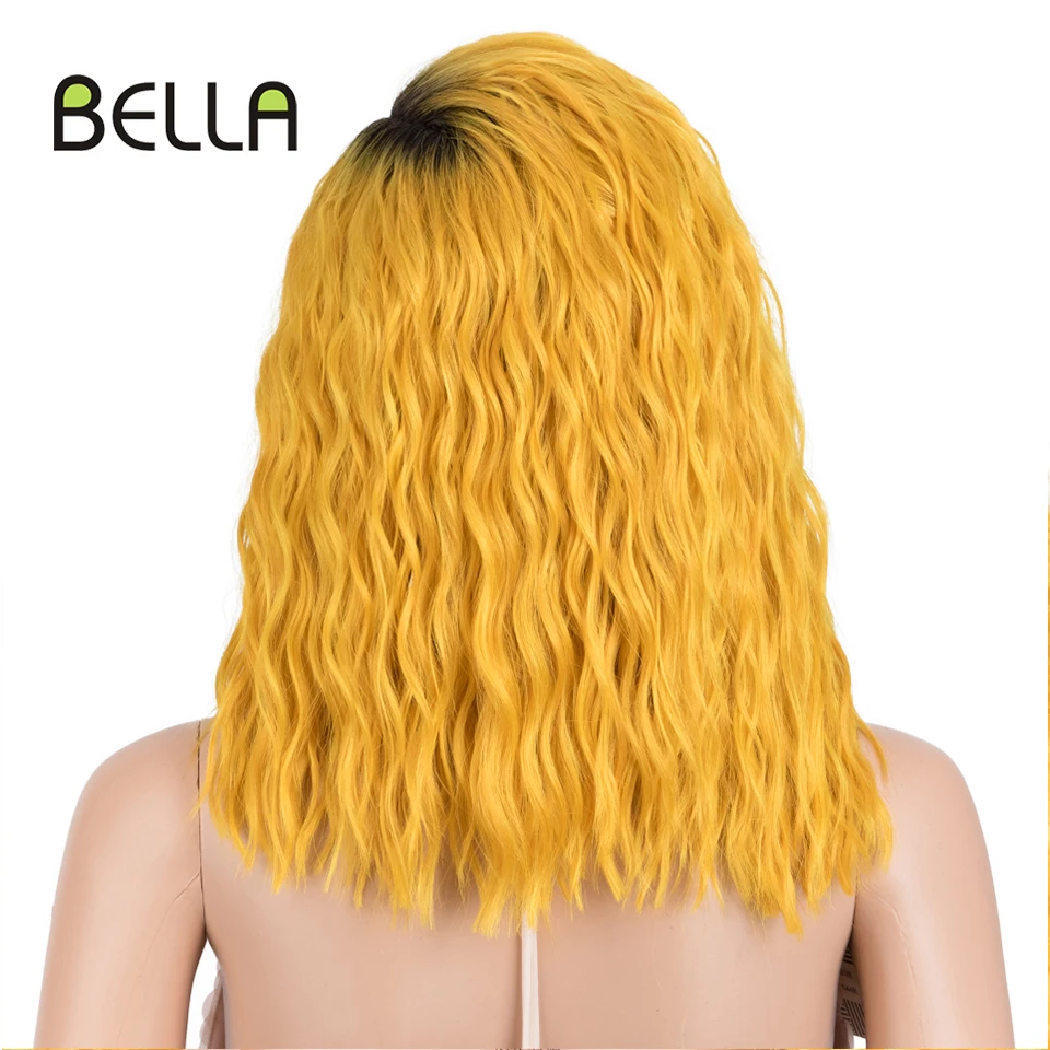 Bella Synthetic Lace Wigs Lace Short Bob Curly Hair 14 inch Yellow Cosplay Wig For Black Women Heat Resistant Fiber Lolita