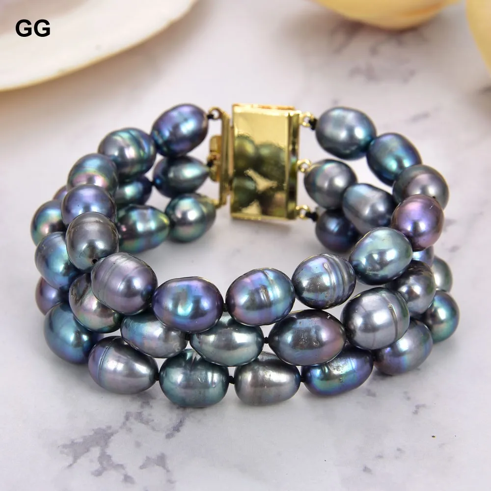 

GuaiGuai Jewelry Natural Pearl 3Strands Peacock Black Rice Pearl Bracelet Women Lady Fashion Jewelry