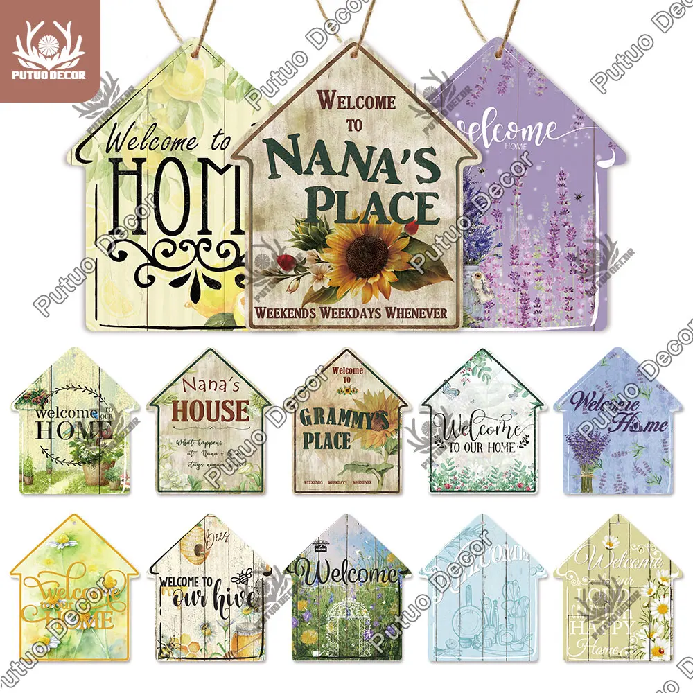 Putuo Decor Welcome House Shaped Wood Small Signs Rustic Wooden Plate Hanging Sign for Home Decorative Living Room Wall Decor