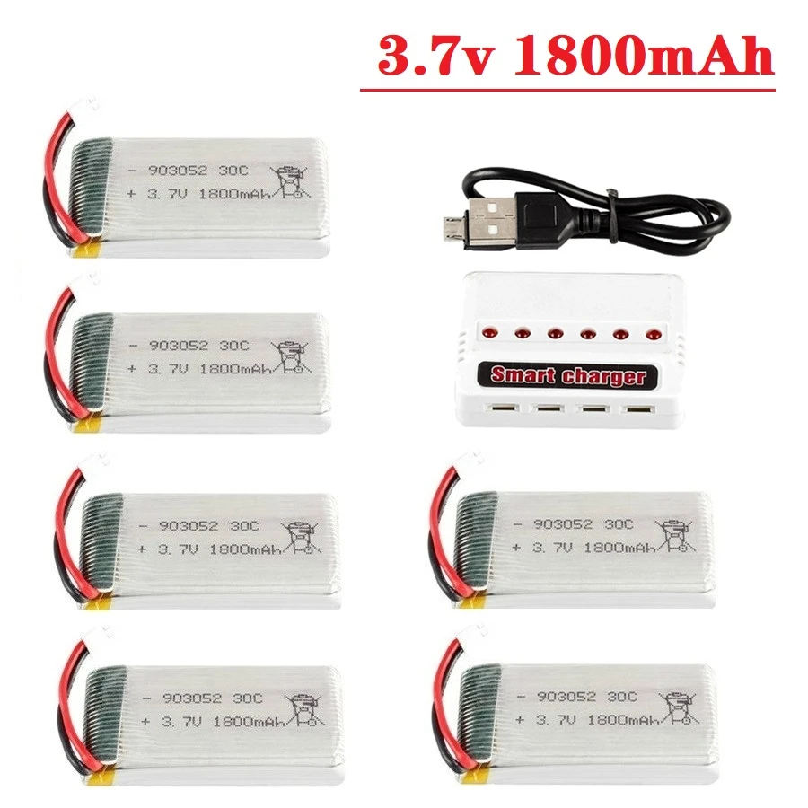 6Pcs 3.7v 1800mAh lipo Battery with Charger for KY601S SYMA X5 X5S X5C X5SC X5SH X5SW M18 H5P for 3.7V Helicopter Drone Battery