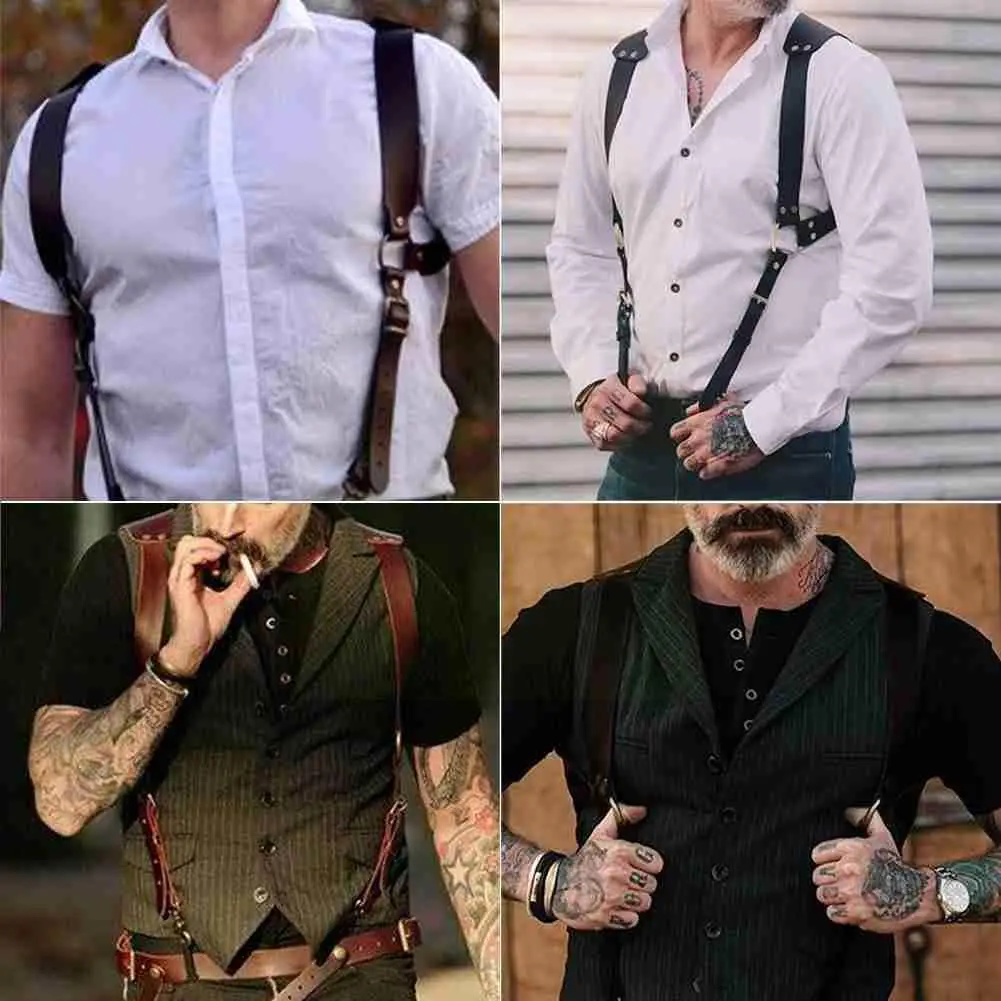 Vintage Leather Suspender Men Medieval Renaissance Suspensorio Apparel Shoulder Accessories Belt Strap Harness Chest Punk J9R7