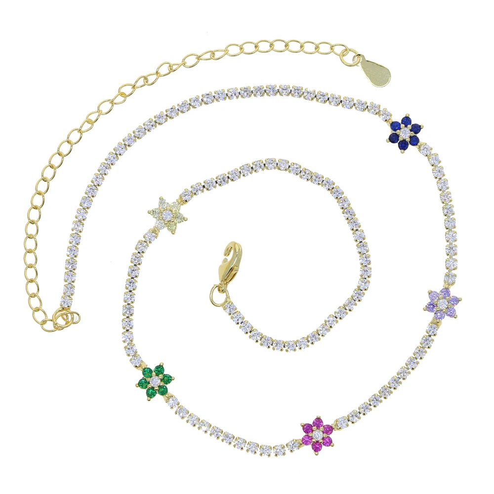 2025 Spring Colorful Rainbow Cubic Zirconia CZ Flower Charm Thin CZ Tennis Chain 32+10CM Fashion Women Choker Necklace