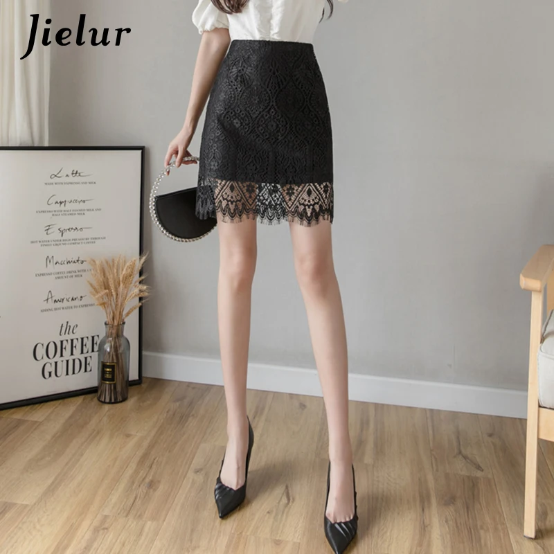 Jielur Lace Women Skirt Solid Color Slim High Waist Saia Faldas New Korean Chic Zipper Mini Skirt Summer Skirts Womens Autumn