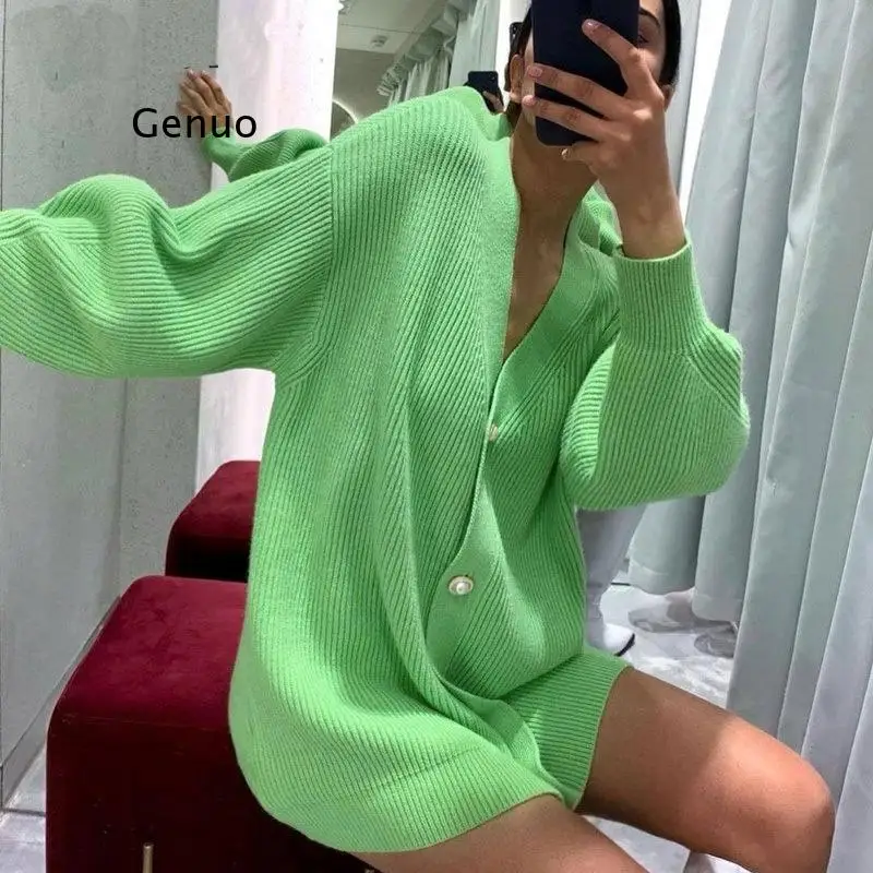 

Green Long Knitted Cardigan Women Autumn Winter Cardigan Loose Basic Ladies Sweater Female Button Knitwear Sweaters