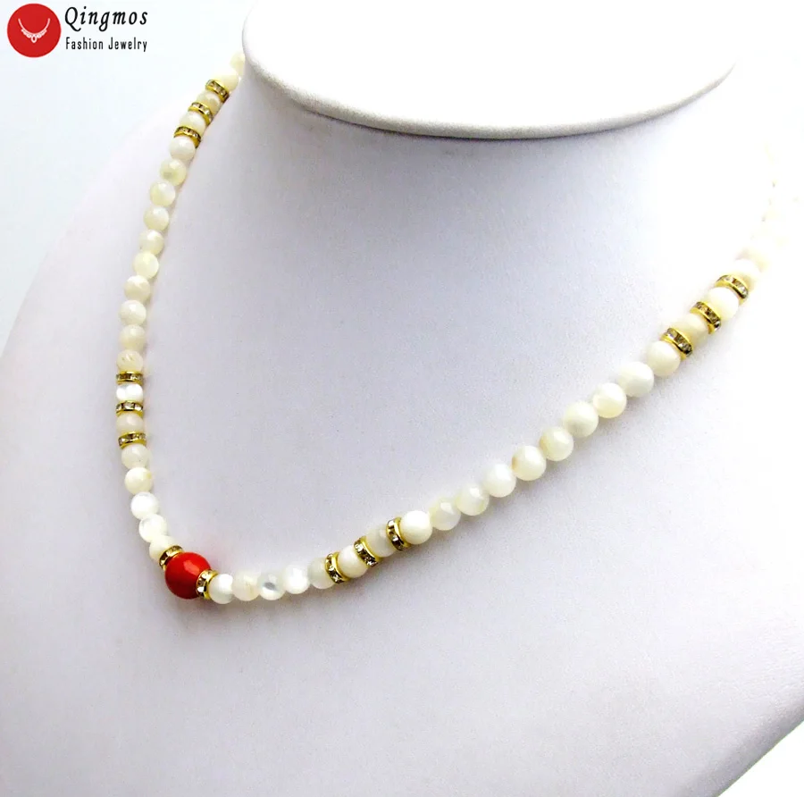 Qingmos Fashion Natural 10mm Round Red Coral Pendant Necklace for Women with 6mm White Shell Beads 18\