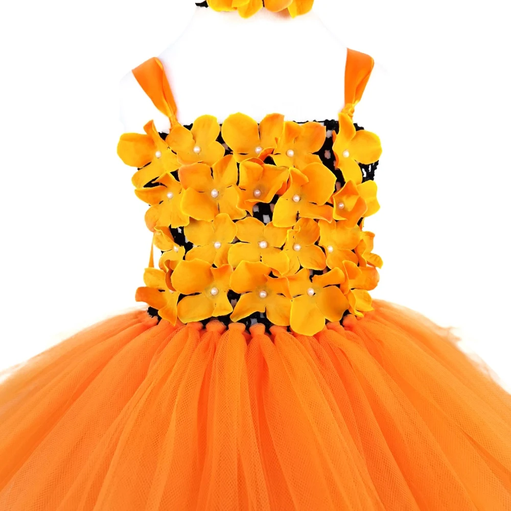 Girls Orange Flower Petals Tutu Dress Kids Black Crochet Ballet Tulle Dress with Headband Children Halloween Party Costume Dress