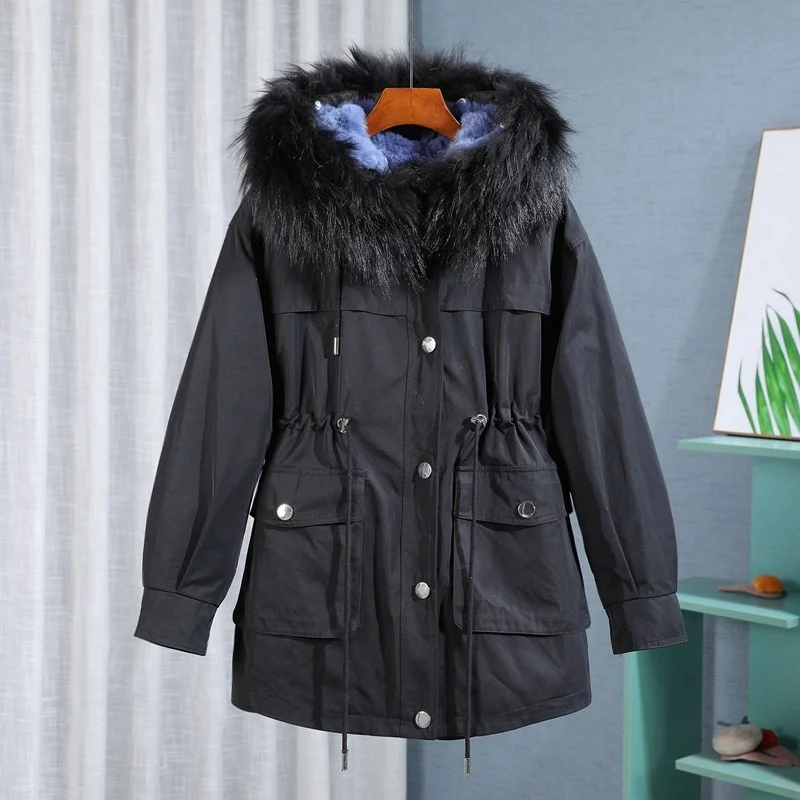 Women Winter Thick Warm Rabbit Fur Lining Mid Long Parkas Female Fur Collar Hoddies Elastic Waist Letter Beading Overcoat Jacket