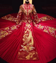 Chinese Traditional Wedding Bridal Stylish Long Cheongsam Dress Elegant Bride Dragon Phoenix Vintage  китайская одежда