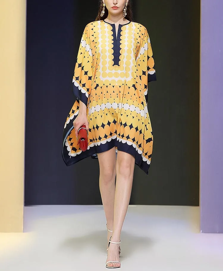 

2021 Summer New Style European and American Loose Casual Plus Size Women's Ice Silk Graphic Printing Bat Sleeve Fashion Dress