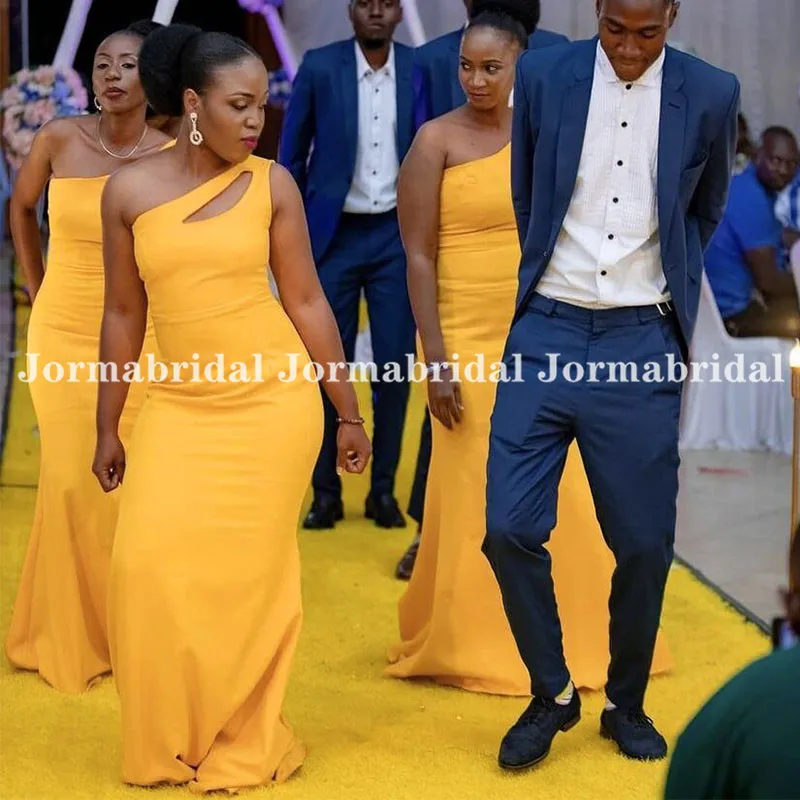 Vestido De Dama De Honor De un hombro, color amarillo y dorado, sencillo, sirena, para fiesta De boda