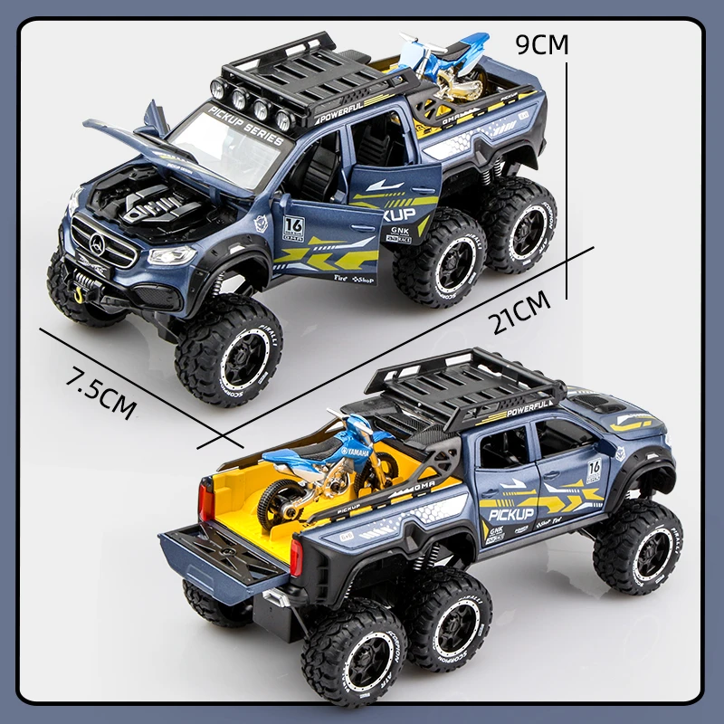 1/28 X-Class Exy 6*6 Tyre Pickup Alloy Car Model Diecasts Metal Off-road Vehicles Car Model Simulation Sound Light Kids Toy Gift