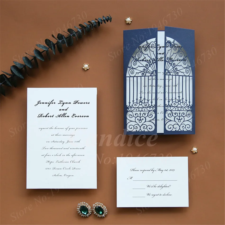 

Blue Elegent Gate Design Hollow Heart Laser Cut Wedding Invitation Card Greeting Card Personalized Party Decoration Supplies