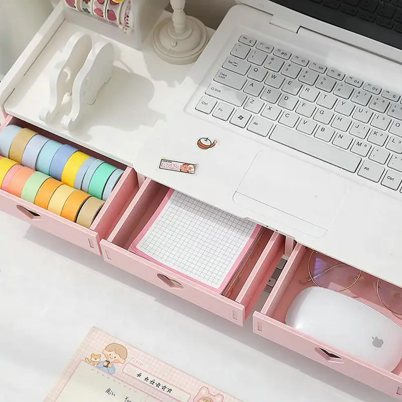 Fashion Pink Monitor Stand With Drawer Girl\'s Desk Organizer Set Multifunction Desktop Shelf Monitor Riser Stand
