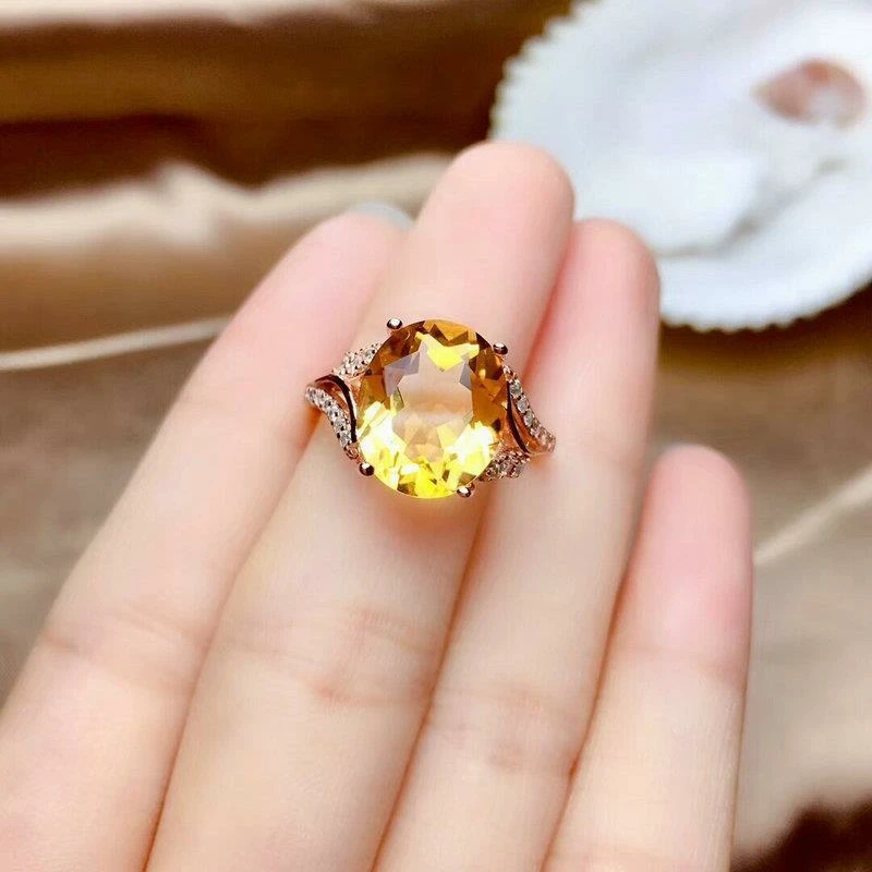 Genuine Natural Yellow Citrine Adjustable Size Ring Woman 12x10mm Clear Cut Faceted Bead 925 Silver Wealthy Stone AAAAA