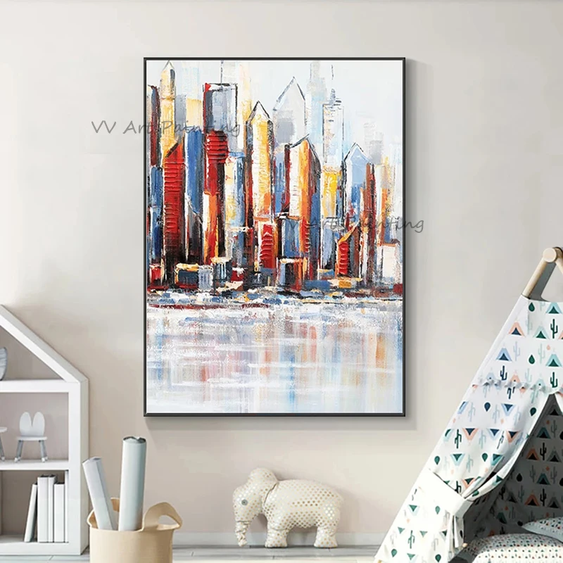 New Arrival Hand Painted Modern Urban Building Oil Painting Vibrant Reflection Abstract Original Vertical Wall Artwork