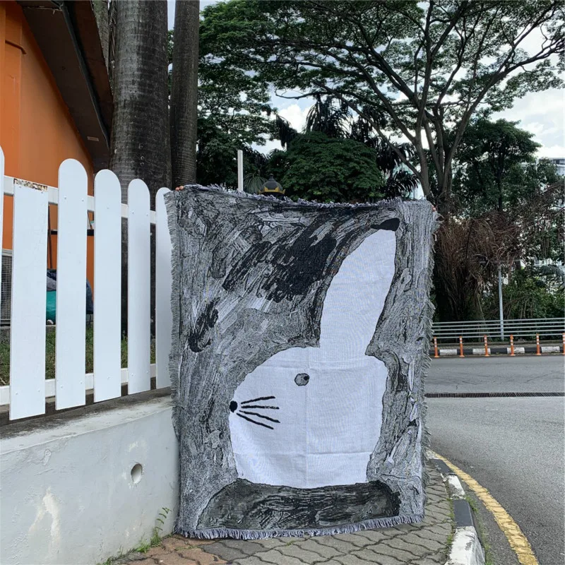 Cute Abstract Rabbit Blanket Ink Painting Design Pattern Living Room Tapestry Sofa Throw Traveling Air Conditioning Throw