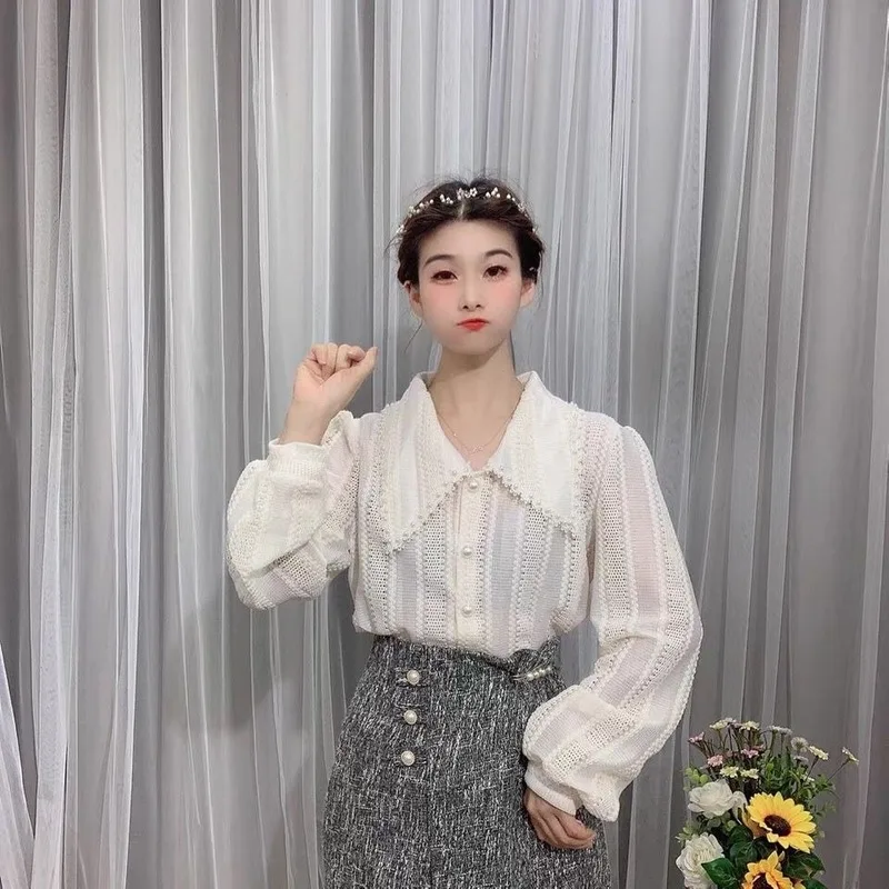 Autumn New 2024 Fashion Women Long Sleeves Peter Pan Collar Tops Shirts Female Elegant Lace Office Ladies Hollow Out Blouses S97
