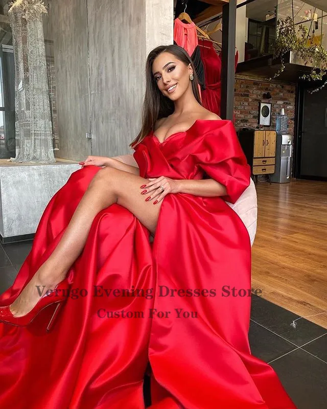 Verngo Gorgeous Long Satin Evening Dress Red For Bride With Sleeves Off the Shoulder 2023 Party Sexy Prom Gowns With Side Slit