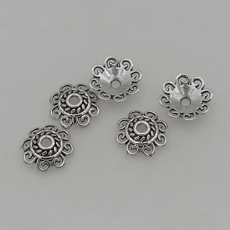 100pcs/lot Classic Antique Silver Hollow Out Flower End Caps 8mm 10mm 12mm Handmade Decoration Zinc Alloy Bead Caps DIY Jewelrys