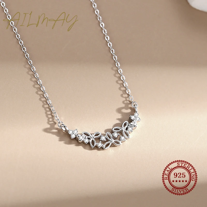 Ailmay Authentic 925 Sterling Silver Shining CZ With Flower Shape Pendant Necklace for Women Wedding Engagement Jewelry Gift