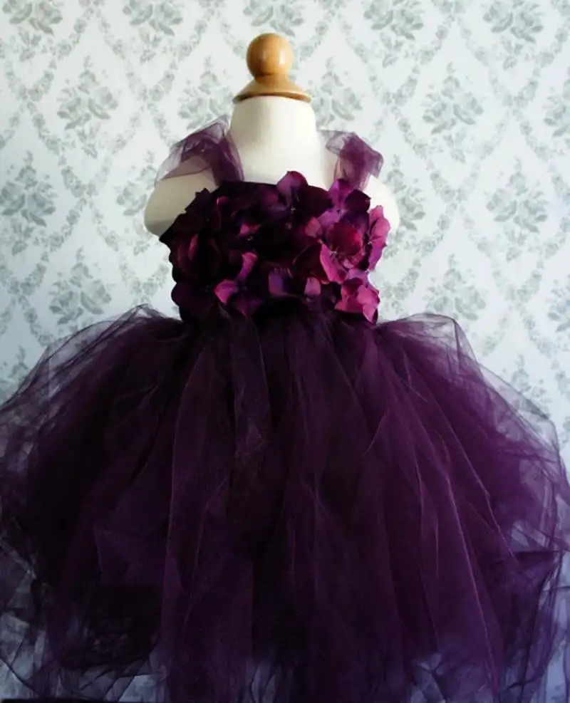 Girls Lavender Flower Petals Tutu Dress Kids Crochet Tulle Dress Ball Gown Children Birthday Wedding Party Costume Evening Dress