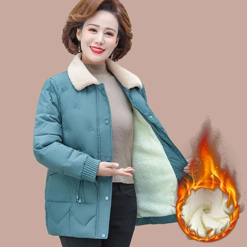 

Women Winter Jacket Add Velvet Warm Cotton Parka Wool Collar Thick Middle Aged Elegant Quilted Coat Plus Size Mom Winter Clothes