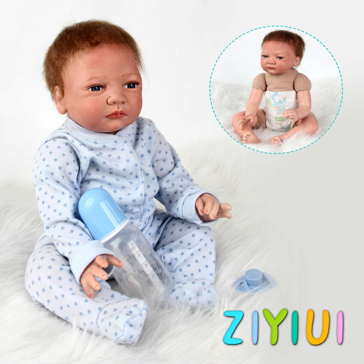 ZIYIUI Realistic Reborn Doll 45cm Vinyl Silicone Cute Open Eyes Blue Clothes Boy Accompanying Child Birthday Gift