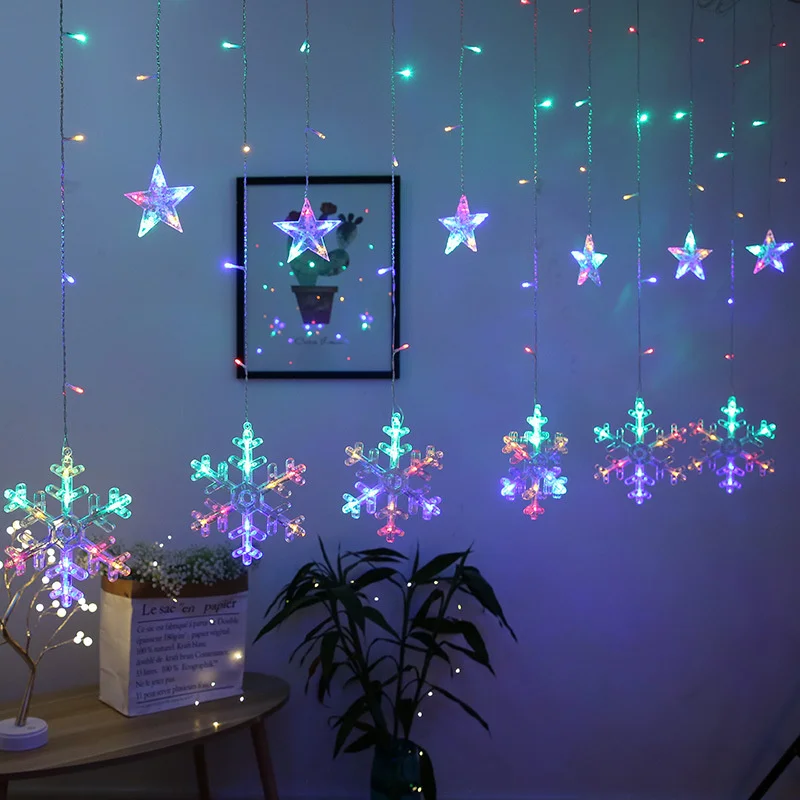 3m led estrela snowflak cortina luzes da corda 220v ue plug guirlanda de natal luzes de fadas para festa de casamento casa decoração do feriado