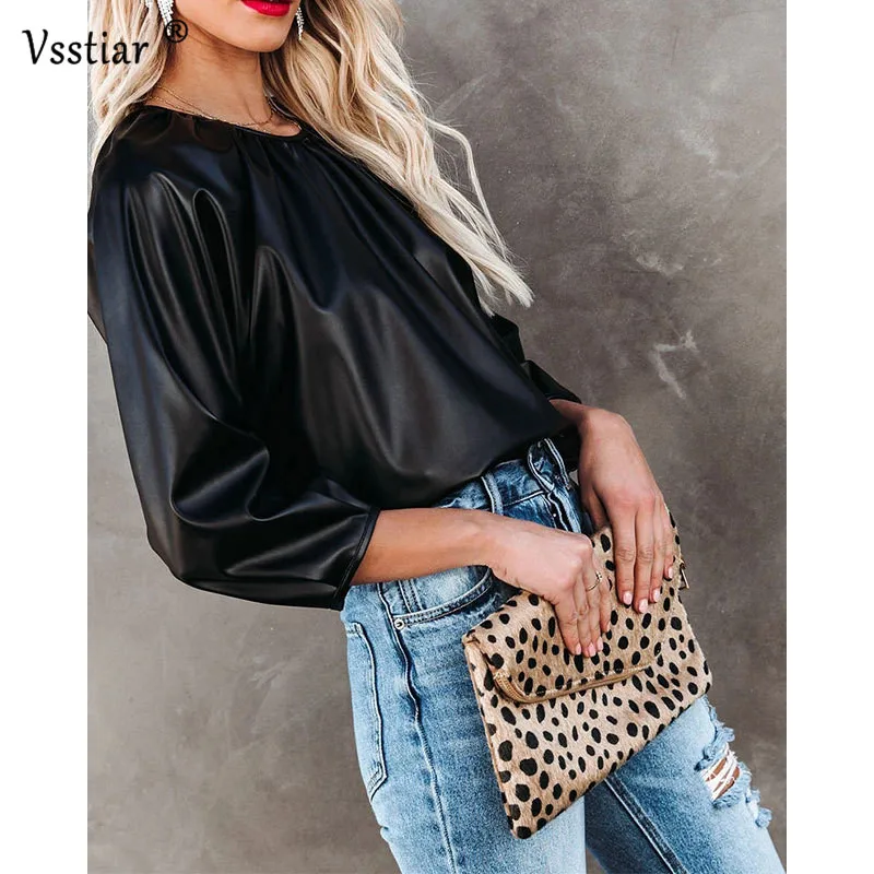 Long Sleeve Casual Women\'s Blouse 2022 Summer Fashion Patent Leather Woman Tops Black O Neck PU Shirts