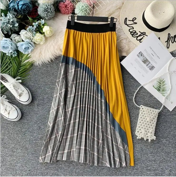 Mode Geplooide Rok Metallic Lastic Taille Gebogen Plaid Stiksels Contrast Rok Elascity Casual Party Vintage Rok