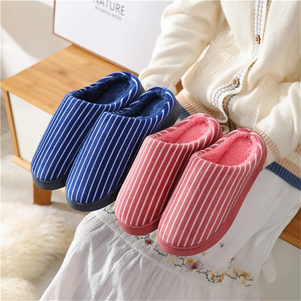 Home Slippers for Women Men Winter Short Plush Slippers Striped Non Slip Thick Warm Bedroom Slippers Couple Soft Indoor Shoes