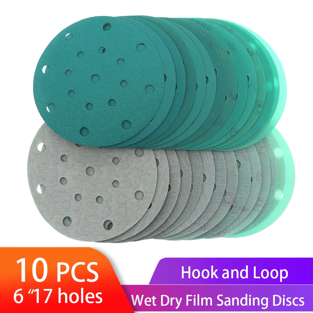 6 Inch Sanding Discs 17 Holes Wet Dry Film-Backed Green Line Hook and Loop Dustless  for Woodworking or Automotive